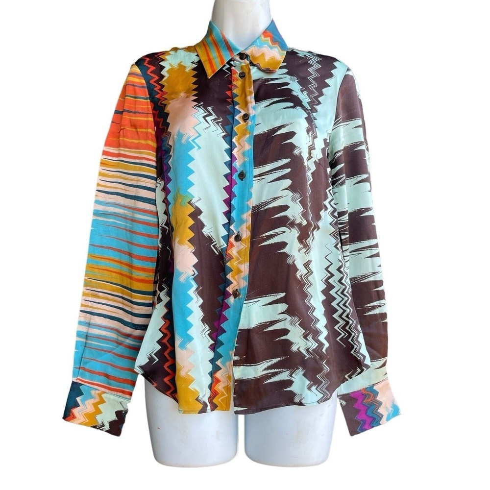 Missoni Italy Silk Top Shirt Women’s Size 4 Aztec Multicolor Button Front Career